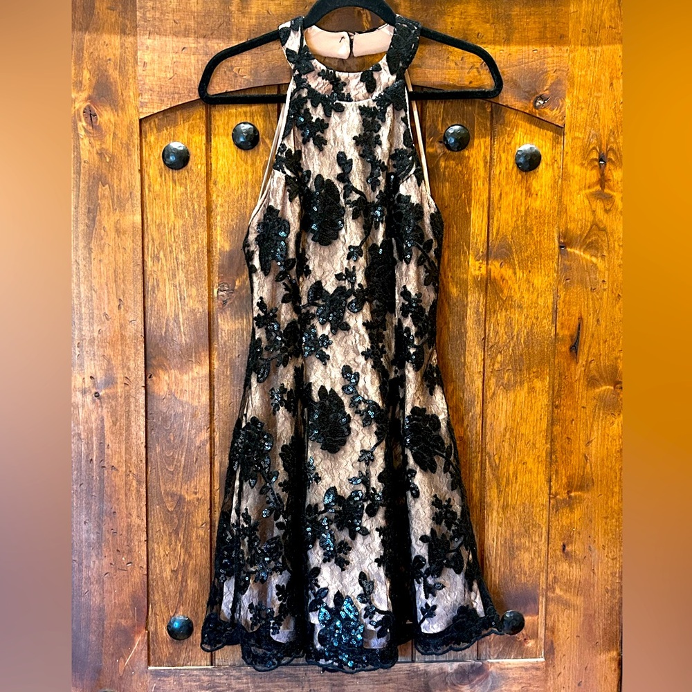 Dress the Population Black and Tan Sequin Halter Mini Dress - Picture 4 of 7